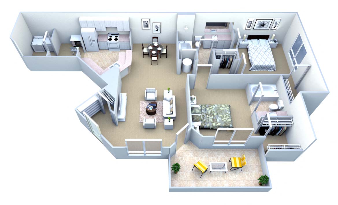 Floor plan for 2 beds, 2 baths, 1345 sqft